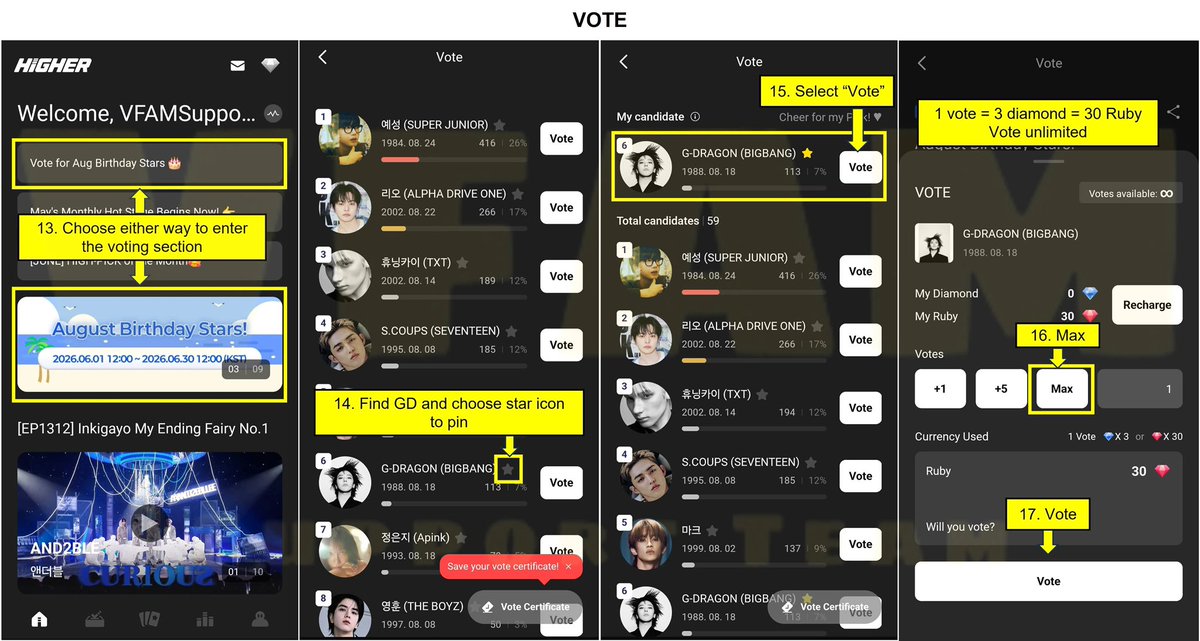 VFAMTEAM's tweet photo. 📢 VOTE FOR G-DRAGON ON THE HIGHER APP – THIS YEAR’S BIRTHDAY PROJECT 📢

⏱️ Period: June 1, 2026, 12:00 PM – June 30, 2026, 12:00 PM (KST)

🎁 1st Place Reward: LED advertisements at two locations on his birthday:
✨ Lotte World Mall Media Chandelier, South Korea
✨ Shibuya Pandora Vision, Japan

🗳️ How to Participate:
📲 Download the Higher app → Change the language to English (EN)

(Please refer to the attached images for detailed steps.)

📌 Conversion Rate:
• 30 Ruby = 1 Vote
• 3 Diamonds = 1 Vote

⚠️ Notes:
• Ruby expires after 90 days.
• Diamonds do not expire.
• Multiple accounts can be logged in on the same device.