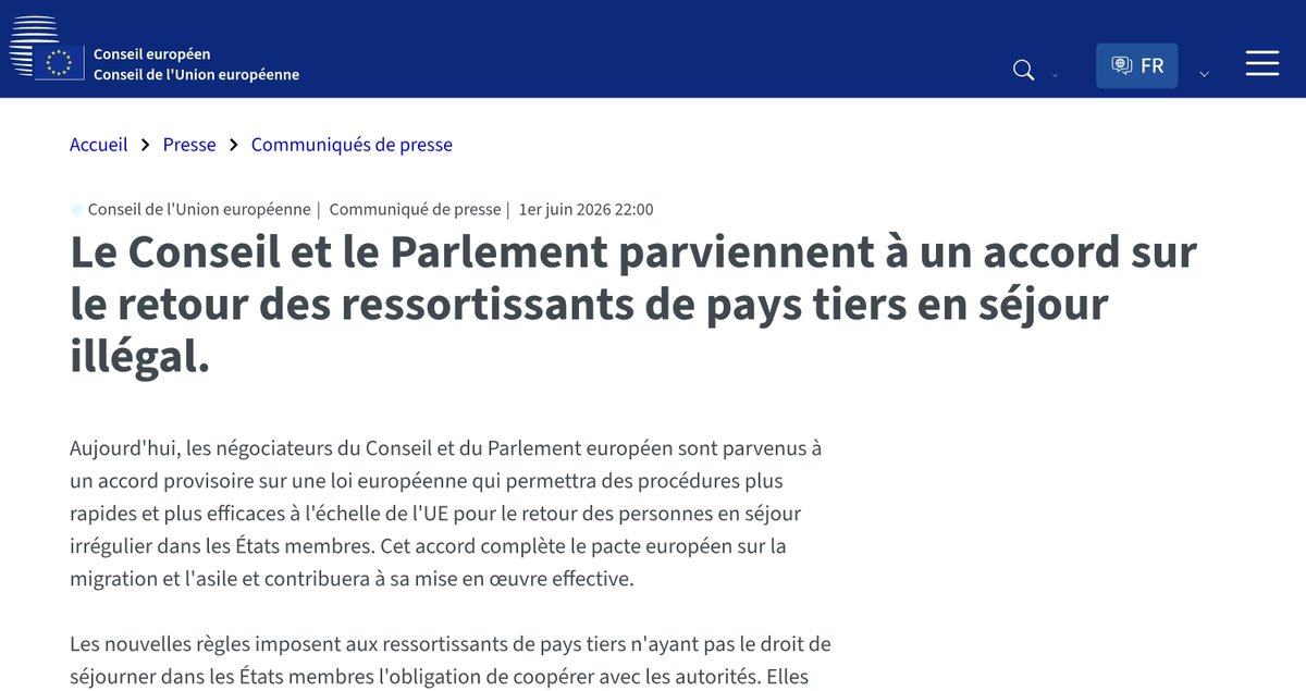 F_Desouche's tweet photo. Hubs de retour : L'Union européenne valide le projet de création de centres où renvoyer les migrants à l'étranger

Le 1er juin, le Conseil de l'UE et les négociateurs du Parlement européen sont parvenus à un accord politique provisoire (trilogue).

Cet accord provisoire devra désormais être approuvé par le Conseil et le Parlement. Il sera ensuite formellement adopté par les deux institutions après révision juridique et linguistique.

Le règlement entrera en vigueur immédiatement après sa publication au Journal officiel. Cependant, certaines dispositions ne seront applicables que douze mois plus tard.

https://t.co/I2TboWtyxZ
