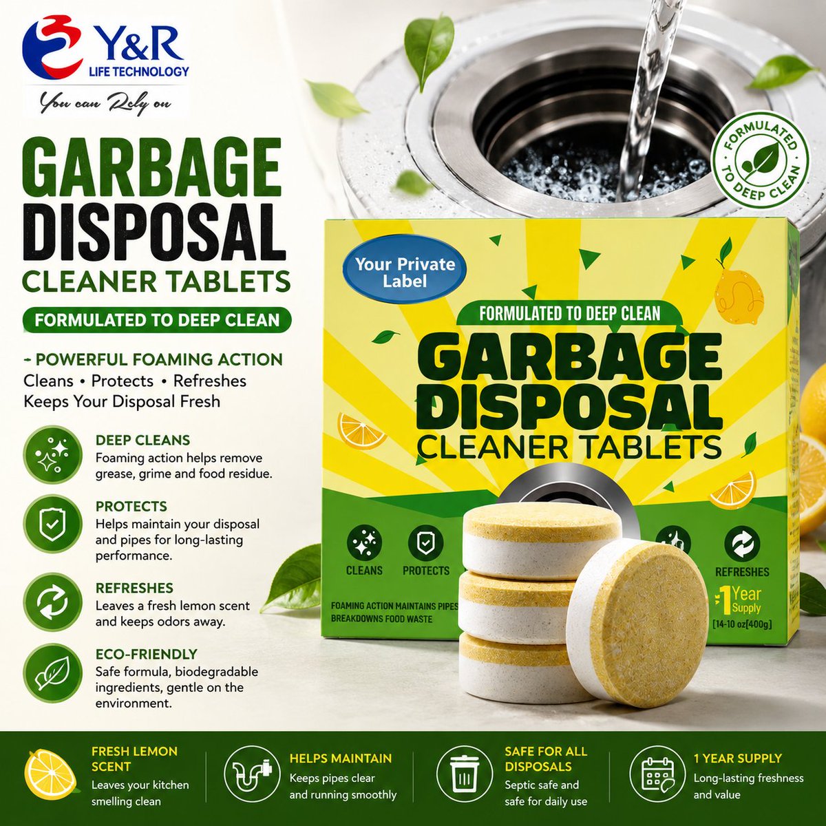 YRIntl's tweet photo. Garbage Disposal Cleaner Tablets | Y&amp;R International

Helps clean disposal systems  
Helps eliminate odors

Small MOQ,private label accepted  
Contact: info@yr-co.com  

#YRInternational #GarbageDisposalCleaner #KitchenCleaning #Import #Export #B2B https://t.co/Su5nSjdkWj