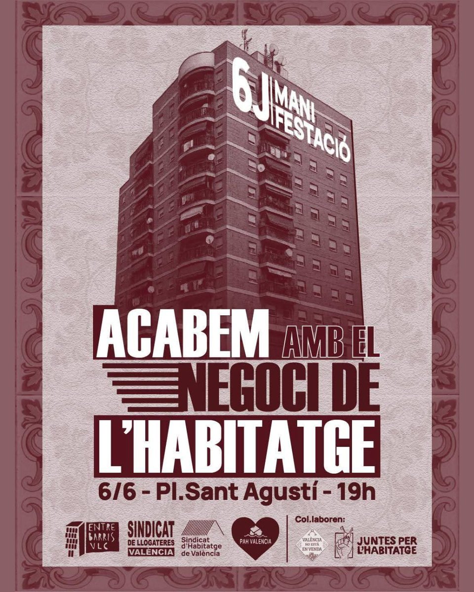 UGTPV's tweet photo. #UGTPV ens sumem a la manifestació d’este dissabte per a reclamar mesures urgents que garantisquen el dret a l’habitatge.

📍 Pl de Sant Agustí
🕖 19.00 h

Una mobilització que es farà en desenes de ciutats perquè l’habitatge és un dret, no un privilegi. https://t.co/7MKsppuM2F