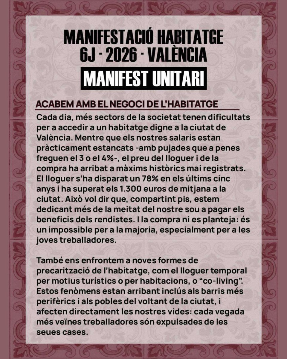 UGTPV's tweet photo. #UGTPV ens sumem a la manifestació d’este dissabte per a reclamar mesures urgents que garantisquen el dret a l’habitatge.

📍 Pl de Sant Agustí
🕖 19.00 h

Una mobilització que es farà en desenes de ciutats perquè l’habitatge és un dret, no un privilegi. https://t.co/7MKsppuM2F