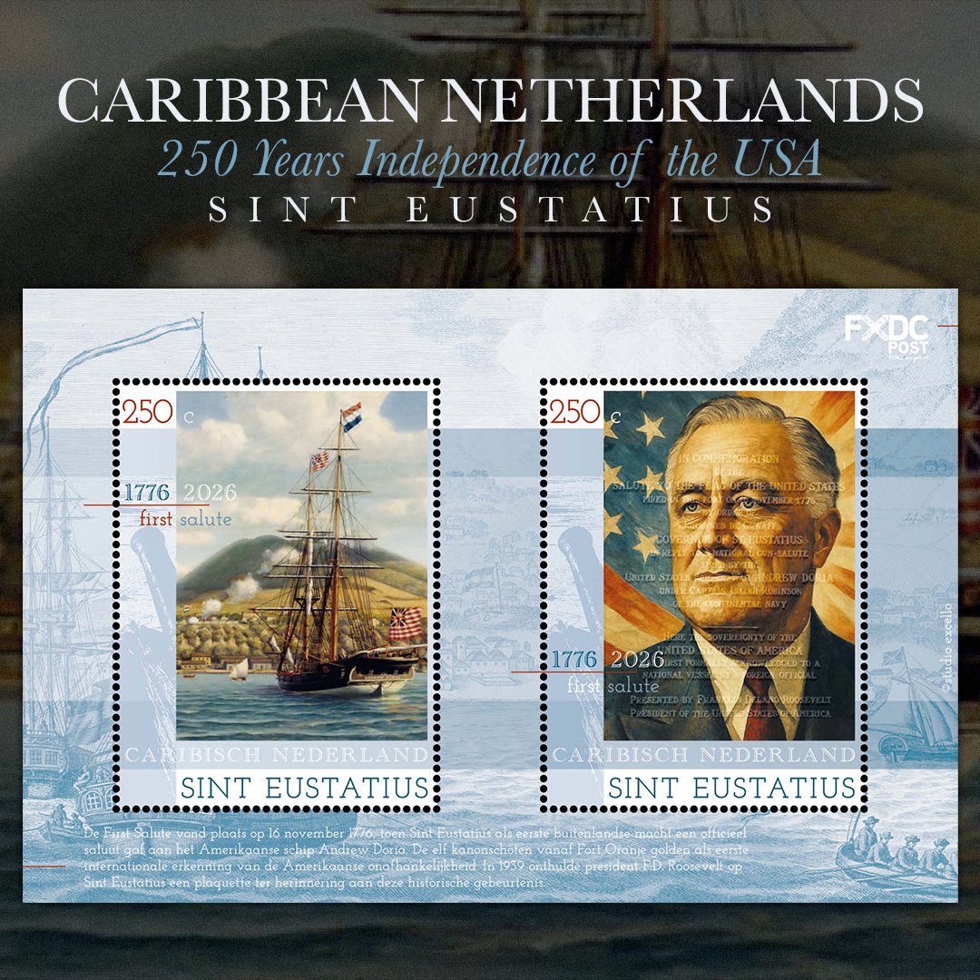 WopaPlus's tweet photo. The Dutch Caribbean island of Sint Eustatius is celebrating the 250th anniversary of the USA with this sheet of two stamps. https://t.co/BBxI0qZIYh