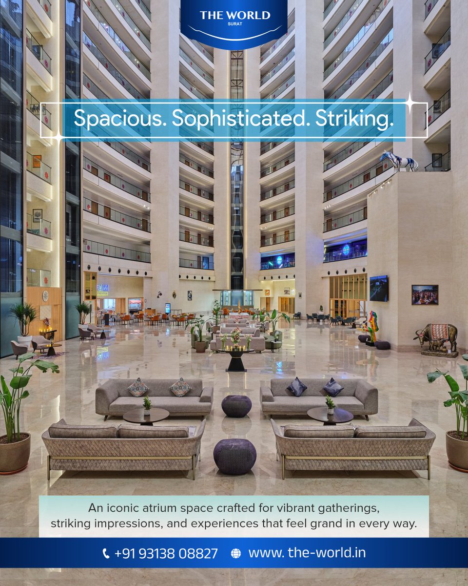 TheWorldSurat's tweet photo. Spacious. Sophisticated. Striking.

An iconic atrium space crafted for vibrant gatherings, striking impressions, and experiences that feel grand in every way.

Book Now :
📲 +91 9313808827
🌐 https://t.co/n8KWZjAlQB

#TheWorldSurat #Atrium #EventVenue #GrandSpaces #Surat https://t.co/8q6hDSH76U