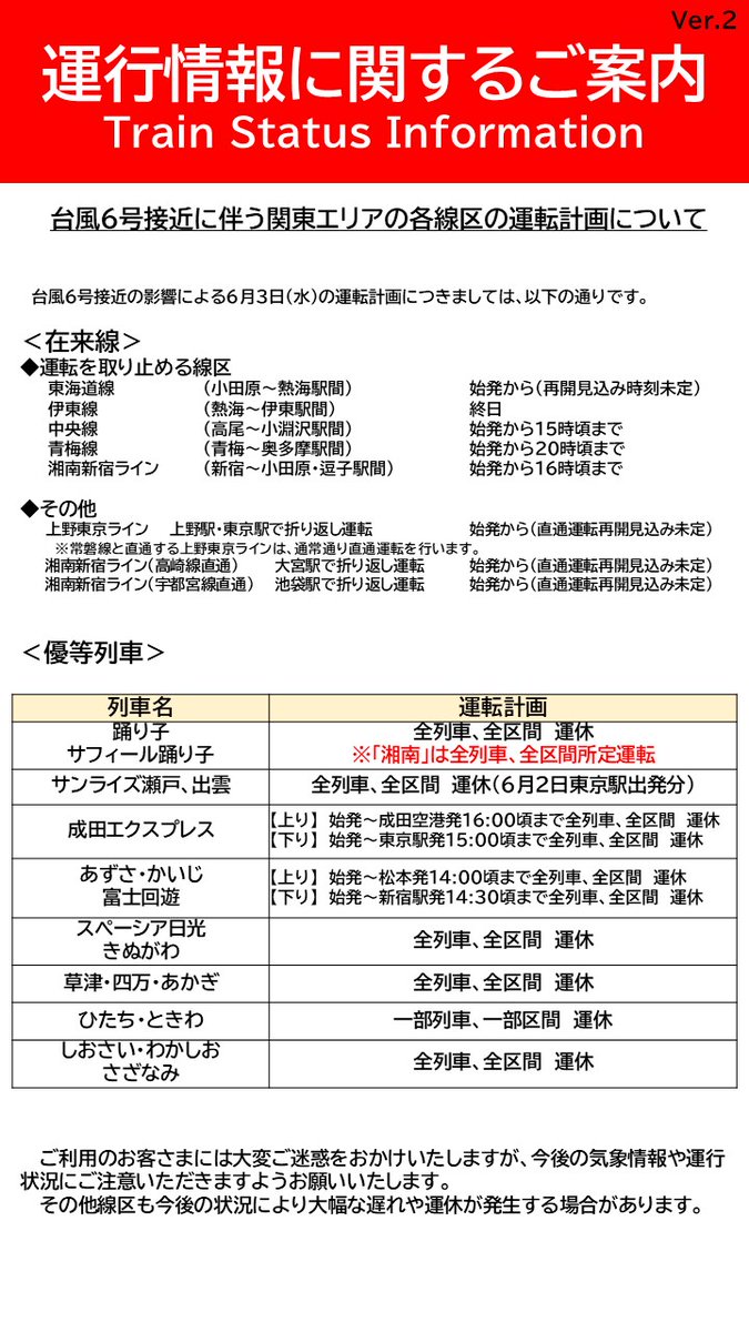 JRE_F_Tokaido's tweet photo. 台風６号接近に伴う関東エリアの各線区の運転計画について
https://t.co/7NfuUx715s https://t.co/k1SaZww667