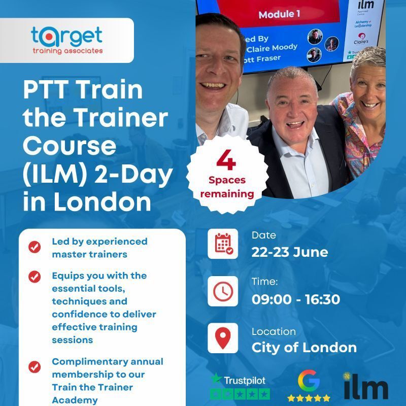 TargetTrgAssoc's tweet photo. 📈 Coming back to London in just a few weeks...

Hate public speaking? Nerves get the better of you?

Join me 22-23rd June, Advanced 3-Day also available.

Places booking up fast, book today, https://t.co/ekHOK9ndK5 

#TraintheTrainer #ThrowtheMonkey #London #TrainerSkills https://t.co/LI9wQXfxMu