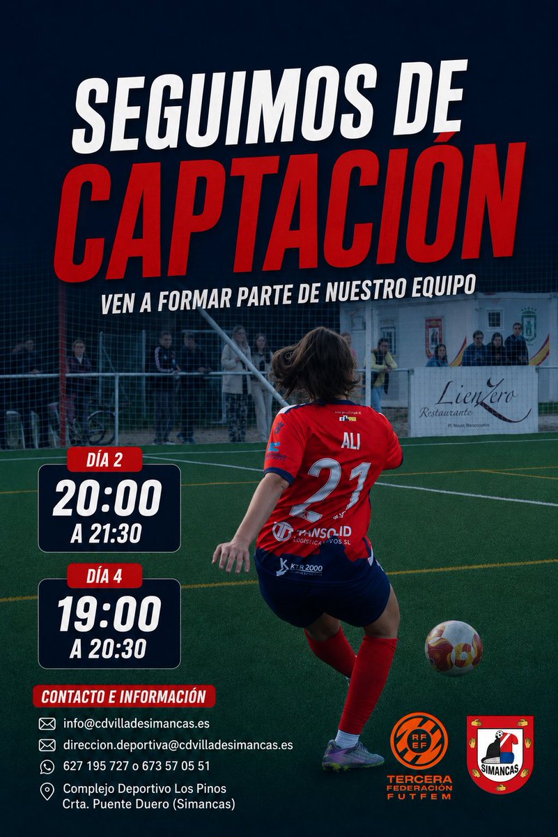SimancasFem's tweet photo. ¡Seguimos de capacitación esta semana! No pierdas la oportunidad de pertenecer a la familia del CD Villa de Simancas ❤️🤍.

📅 Martes 2 (20:00-21:30) y jueves 4 (19:00-20:30)

#SimancasAlmayOrgullo #GladiadorasFranjiblancas https://t.co/wB3vdtAm2x