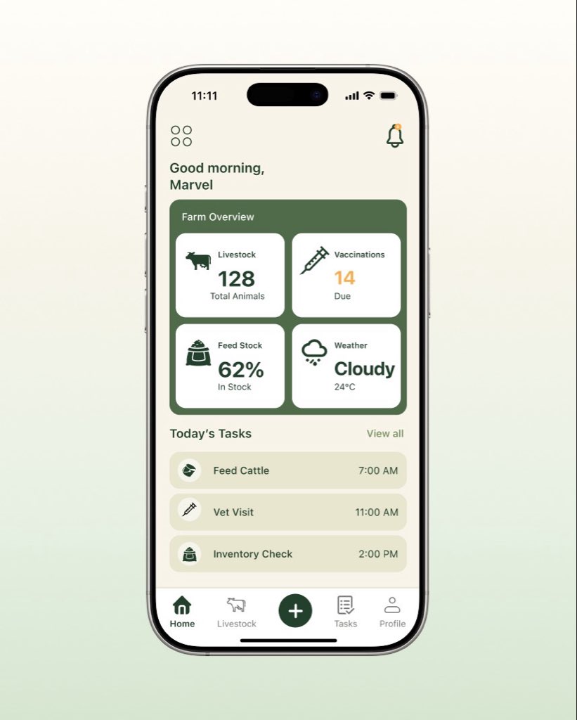 MarveluxPD's tweet photo. Wrapped up my AREWA FARMS app concept

A simple farm management platform designed to help farmers track livestock, vaccinations, weather conditions, and daily operations all in one place.

It came together faster than I expected, but I'm genuinely happy with how it turned out. https://t.co/ytJ37FosFs