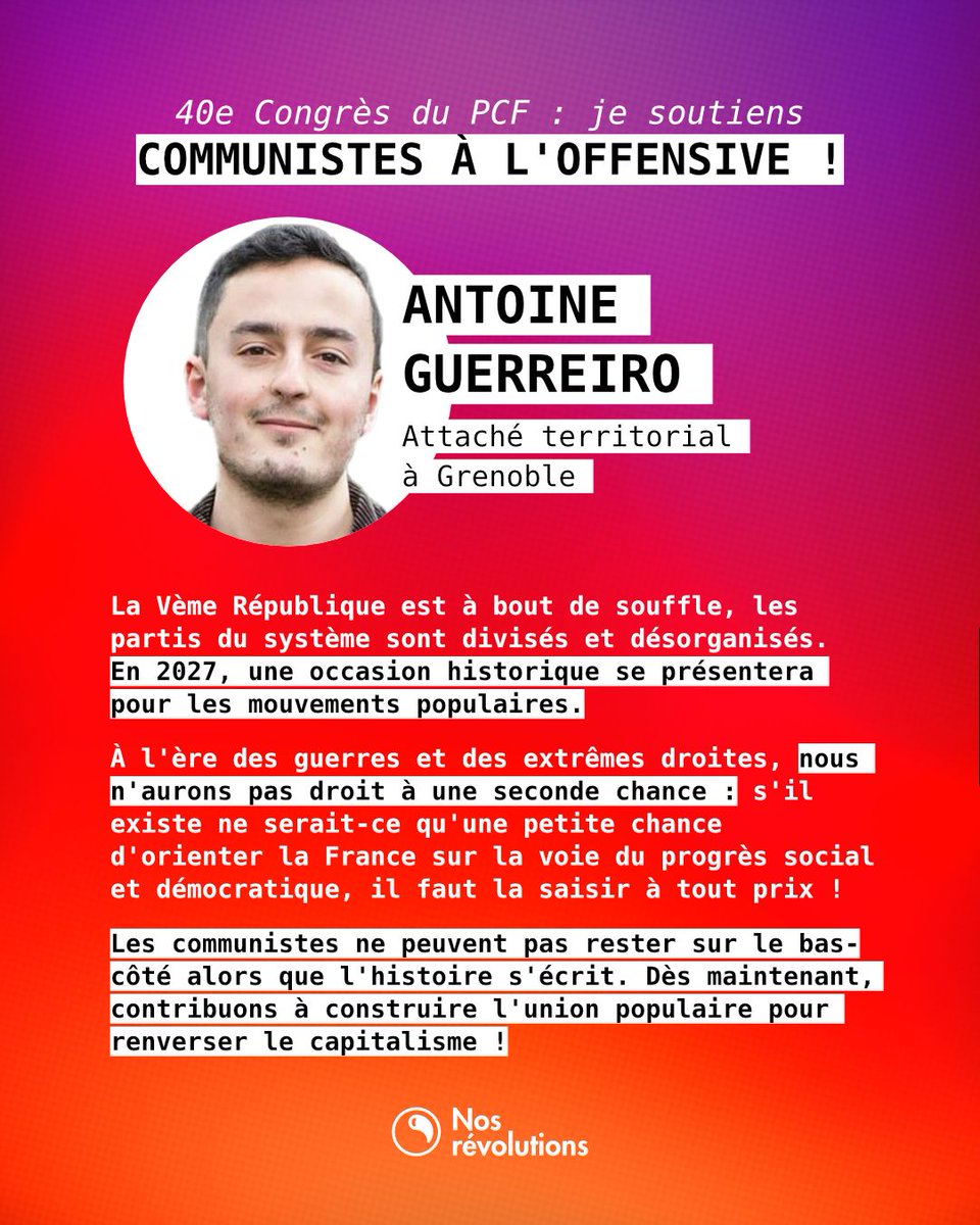 nos_revolutions's tweet photo. Antoine Guerreiro, attaché territorial à Grenoble, s'engage pour que les communistes passent à l'offensive : signez le texte unitaire pour un PCF engagé dans les luttes sur https://t.co/8H0r28jDLG ✊ https://t.co/bTQ3lOwpLX