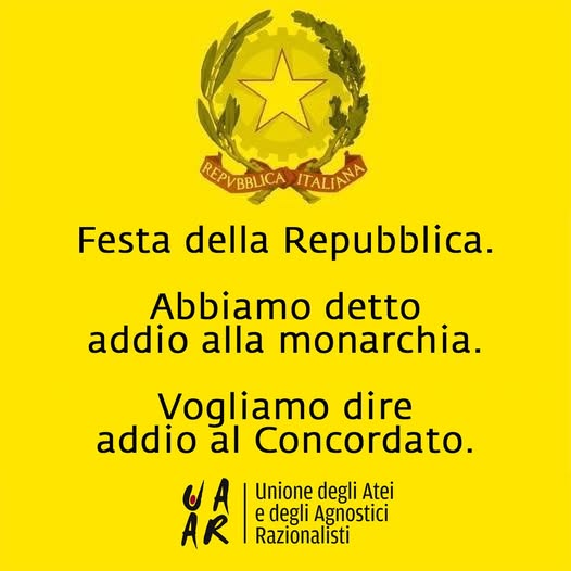 UAAR_it's tweet photo. Oggi è il  2 giugno, festa della Repubblica. Ma il nostro Paese sconta ancora una forte sudditanza verso un'altra monarchia assoluta, il Vaticano, cui ha ceduto sovranità con i Patti Lateranensi e il Concordato.
#festadellarepubblica https://t.co/uCkysTiuRY
