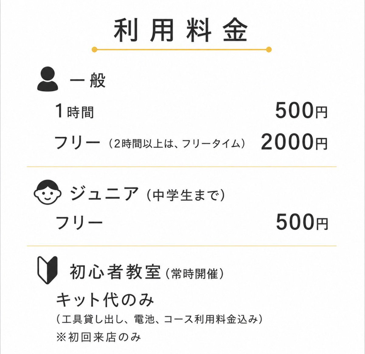 Odf3249's tweet photo. ー6月の営業時間のお知らせー

【営業時間】
・平日　12:00〜20:00
・土曜日　11:00〜21:00
・日曜日　10:00〜18:00
・木曜日定休日

【利用料金】 
・一般　 
1時間500円　 
フリー2000円（2時間以上はフリー）

 ・ジュニア（中学生まで）　 
フリー500円 

・初心者教室（常時開催） 
キット代のみ（工具貸し出し、電池、コース利用料金込み）※初回来店のみ