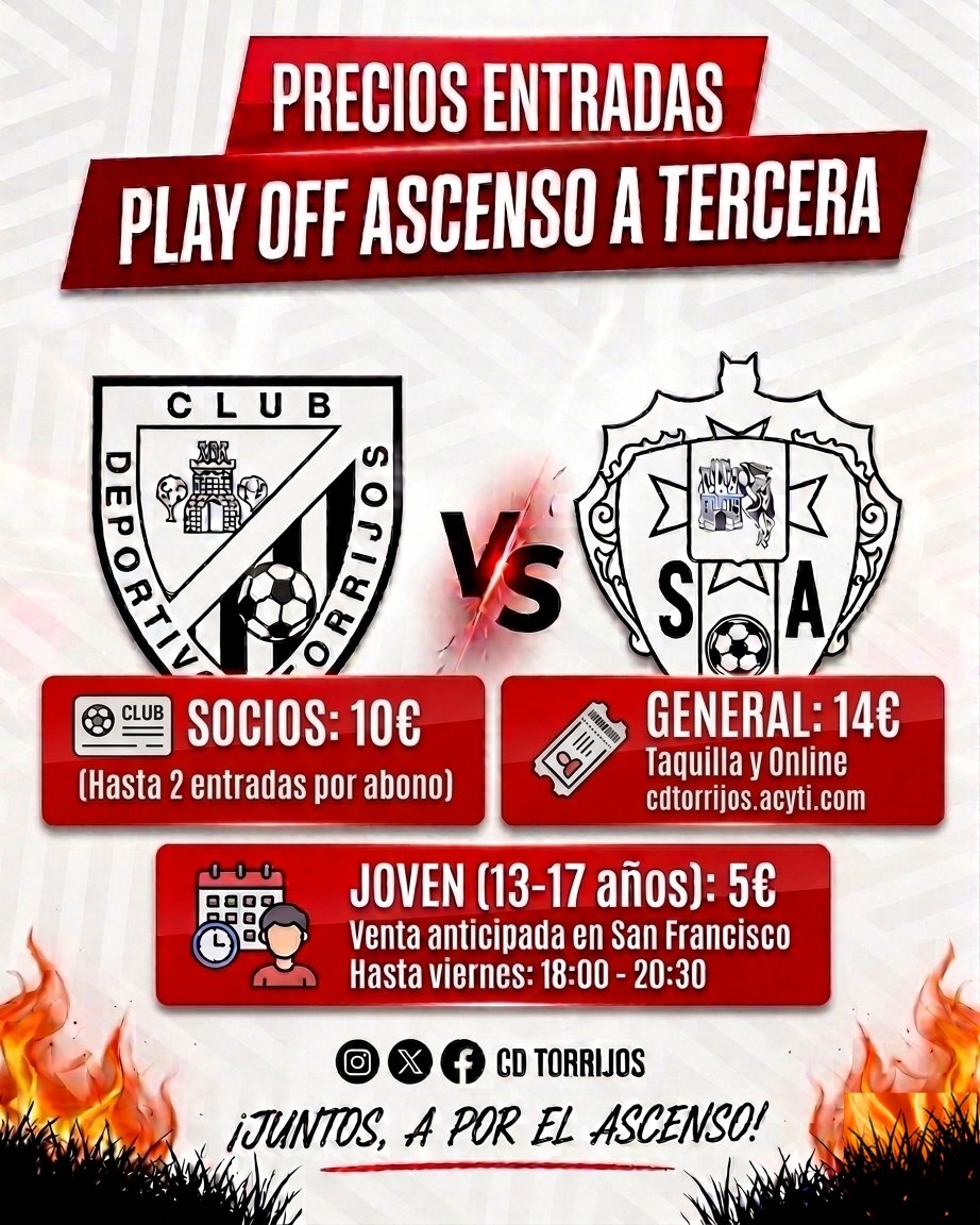 cdtorrijos_ofcl's tweet photo. 🚨 PRECIOS ENTRADAS

🎟️  Entradas:  General: 14€ ▫️ Socios: 10€ (hasta 2 por abono) ▫️ Jóvenes (13-17): 5€

📍 Venta hasta el viernes de 18:00 a 20:30 en el Municipal San Francisco 💻 Online: https://t.co/PhQUFyuxep

🤝 Respeto y apoyo para vivir una gran fiesta del fútbol https://t.co/yLGSxHgwCh