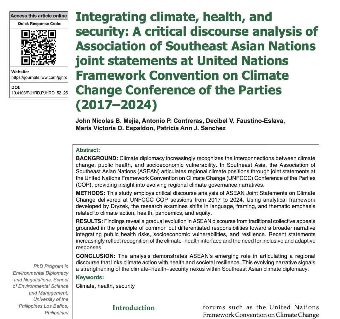 pjhrd's tweet photo. 𝐈𝐧 𝐏𝐉𝐇𝐑𝐃 𝟐𝐧𝐝 𝐈𝐬𝐬𝐮𝐞 𝟐𝟎𝟐𝟔!   

ASEAN’s climate discourse shows an emerging climate–health–security nexus strengthening regional resilience in climate diplomacy (2017–2024).

Scan the QR or read: https://t.co/ezTUeRR6zA

@UPManilaOnline https://t.co/V0Pll0g7XG