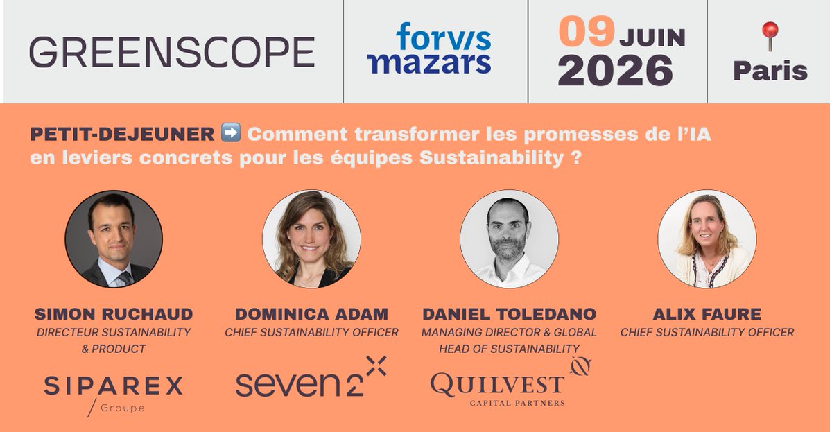 dogimontd's tweet photo. [Événement Greenscope x Forvis Mazars] L’IA et l'expertise au service du manager ESG augmenté ➡️ https://t.co/PX1YUQ1haP
📅 RDV mardi 9 juin de 8h30 à 11h
📍 Forvis Mazars, Campus Carré Vert à Levallois-Perret 
#ESG #Sustainability #IA #FinanceDurable @ForvisMazarsFR https://t.co/IQmGrPiJUp