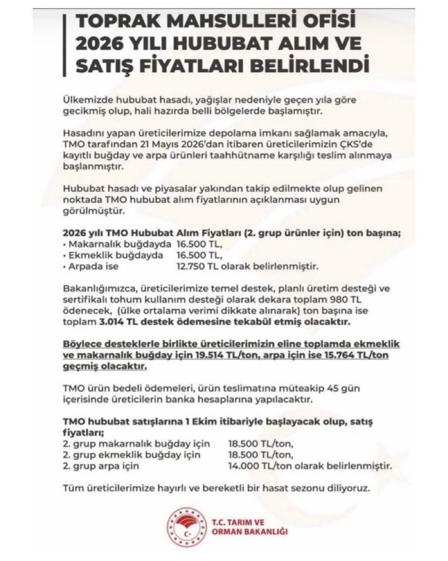 KTCARET's tweet photo. Toprak Mahsulleri Ofisi tarafından 2026 yılı hububat alım ve satış fiyatları açıklanmıştır https://t.co/8jzytkpVF7