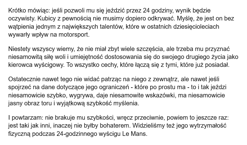 ArtNr4's tweet photo. A. Coletta: "[Robert Kubica] jeździ niesamowicie szybko, wygrywa, daje niesamowite wskazówki, ma niesamowicie jasny obraz toru i wyjątkową szybkość myślenia (..) nie brakuje mu szybkości - wręcz przeciwnie (..)

..jak miło posłuchać 😊

Całość👇 https://t.co/uAiRDGzRod