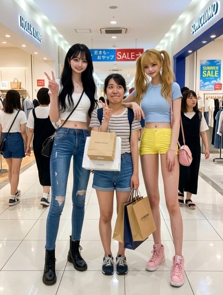 SAZARUSAN's tweet photo. チビ先輩とショッピング。左右の2人にとって先輩は引き立て役の荷物持ち。#tallgirl #長身女性 https://t.co/VhoqmGC8qH