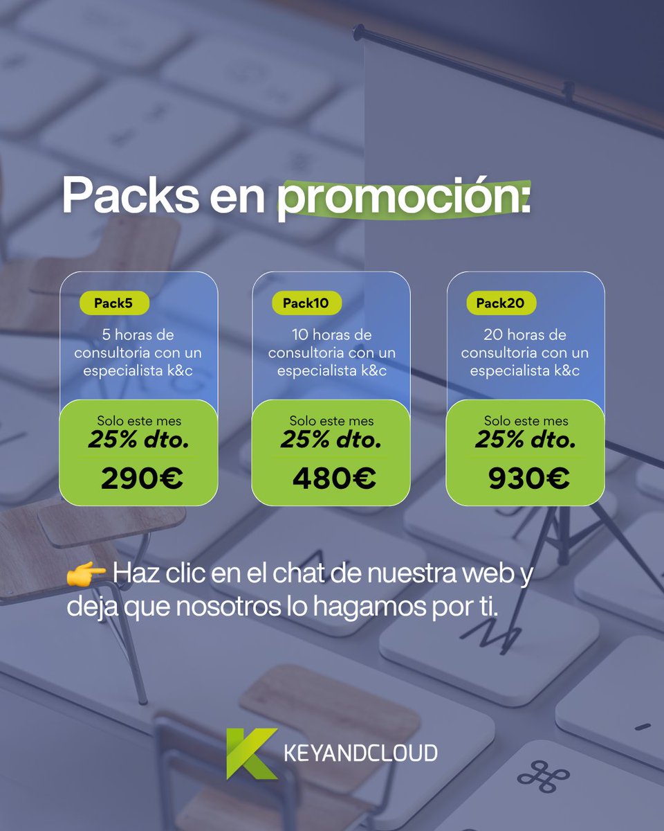 keyandcloud's tweet photo. 💡 ¿Quieres sacar el máximo partido a Keyandcloud?

Nuestro nuevo servicio de consultoría y formación te ayuda a aplicar la herramienta a tu empresa, aclarar dudas y formar a tu equipo.

⏱️ Packs desde 5 hasta 20 horas, con conexión directa a nuestros especialistas. https://t.co/qGUq87Nrue