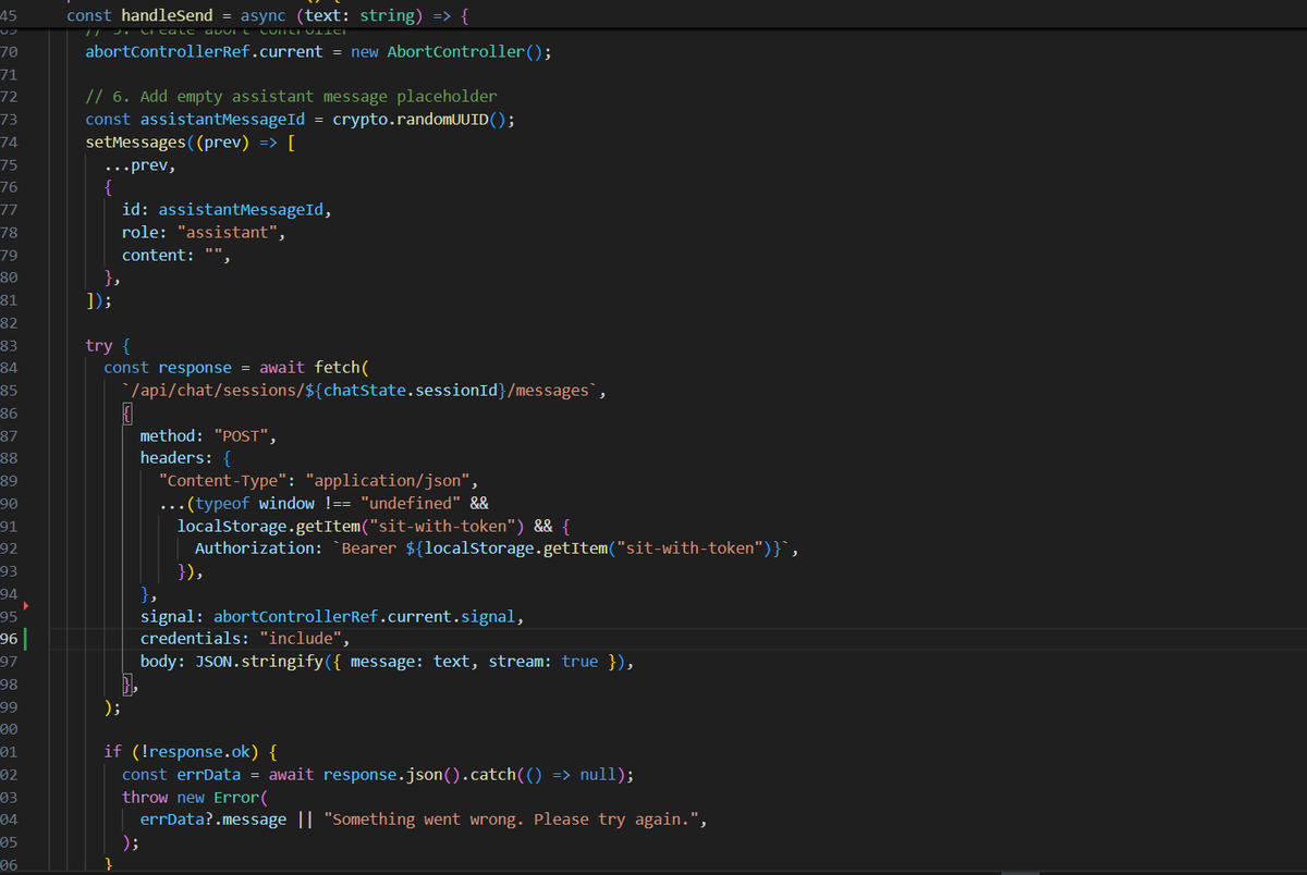 shunnode's tweet photo. turns out I had to ditch the Vercel AI SDK because the backend was streaming responses as SSE. 

I had to write a new api route to serve as middleware also because for some reason I was getting CORS errors when sending messages.

Nextjs server -> Render and cors is gone https://t.co/EuZhjp6UXh