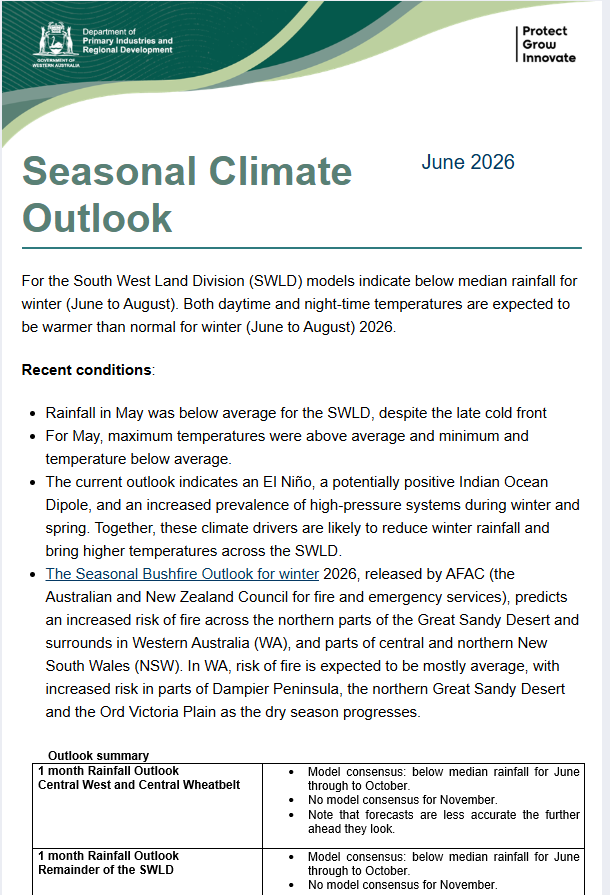 MeredithGuthr15's tweet photo. @DPIRDbroadacre Seasonal Climate Outlook June edition is now available on the DPIRD website. https://t.co/QfulvfB6Oe https://t.co/NgSPJywdrm