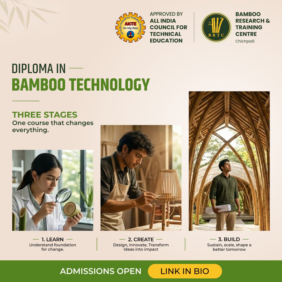 brtc_chandrapur's tweet photo. 📷 Three stages. One journey. Endless possibilities.
Learn the science, master the craft, and build a sustainable future with our Diploma in Bamboo Technology. From understanding bamboo as a resource to creating innovative https://t.co/xjYbqvcmro
