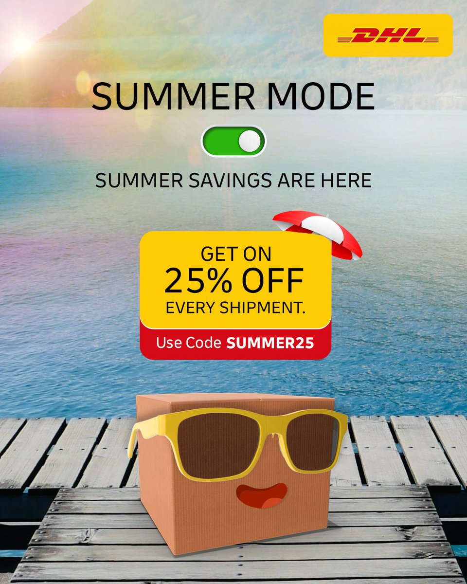 DHLExpressCH's tweet photo. Summer shipments just got better ☀️​

Ship worldwide this month and enjoy 25% OFF on all shipments with code SUMMER25.

#DHLExpressSwitzerland #SummerDiscount #Discount #GlobalLogistics https://t.co/lD4rGtbeyU