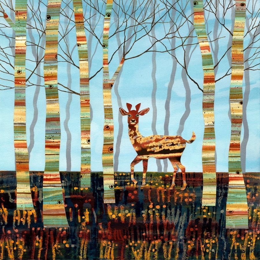 printreb's tweet photo. Spotted (fallow deer): As children, my brother and I made animal encyclopedias -drawing & colouring animals, cutting them out and sticking them onto an information sheet giving all the facts about that species. Happy days before children had phones and computer games! Painting with collage now sold.
