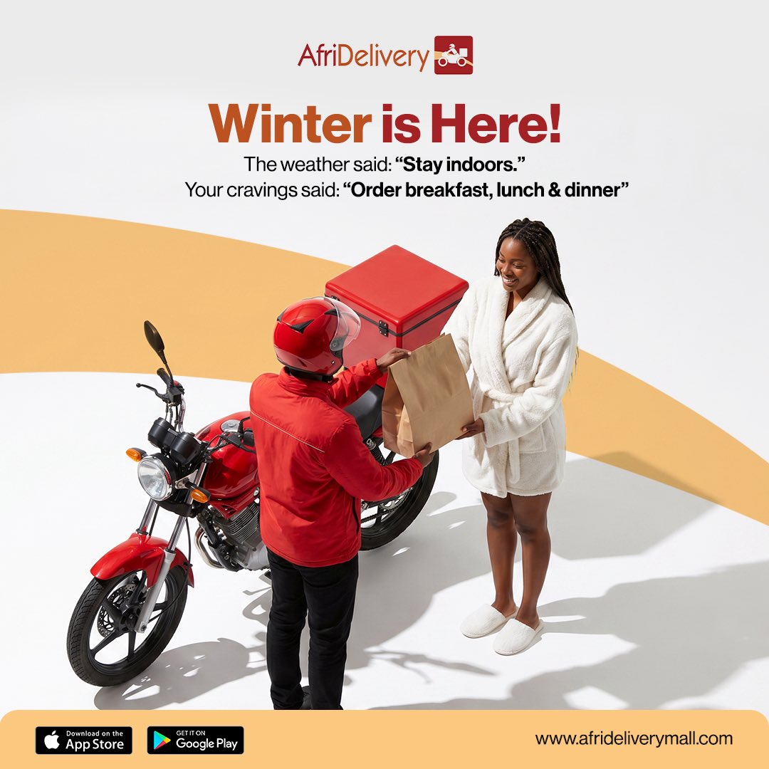 AfriDelivery's tweet photo. Winter update: The sun is available for decoration only.☀️

Don’t be fooled..this June is Juning 🥶. Stay warm indoors while AfriDelivery handles your food, parcels, and those “I need this delivered today” emergencies.

Winter is for blankets, not errands. #ATapAway #AfriDelivery https://t.co/GLx9BAcjvc