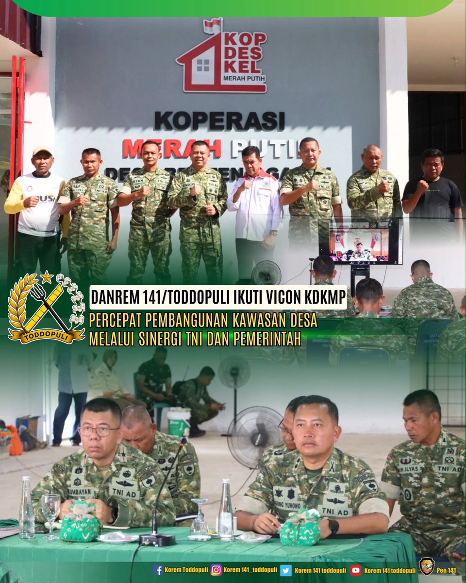 Penrem141's tweet photo. Danrem 141/Tp Brigjen TNI Andre Clift Rumbayan, S.Sos., M.M., bersama Dandim 1422/Maros Letkol Arm Agung juhono, S.E., dan jajaran mengikuti kegiatan Video Conference (Vicon) Koperasi Desa Kelurahan Merah putih (KDKMP) di Dusun Harapan, Desa Benteng Gajah, Kab. Maros. https://t.co/MRhOFXqHkD