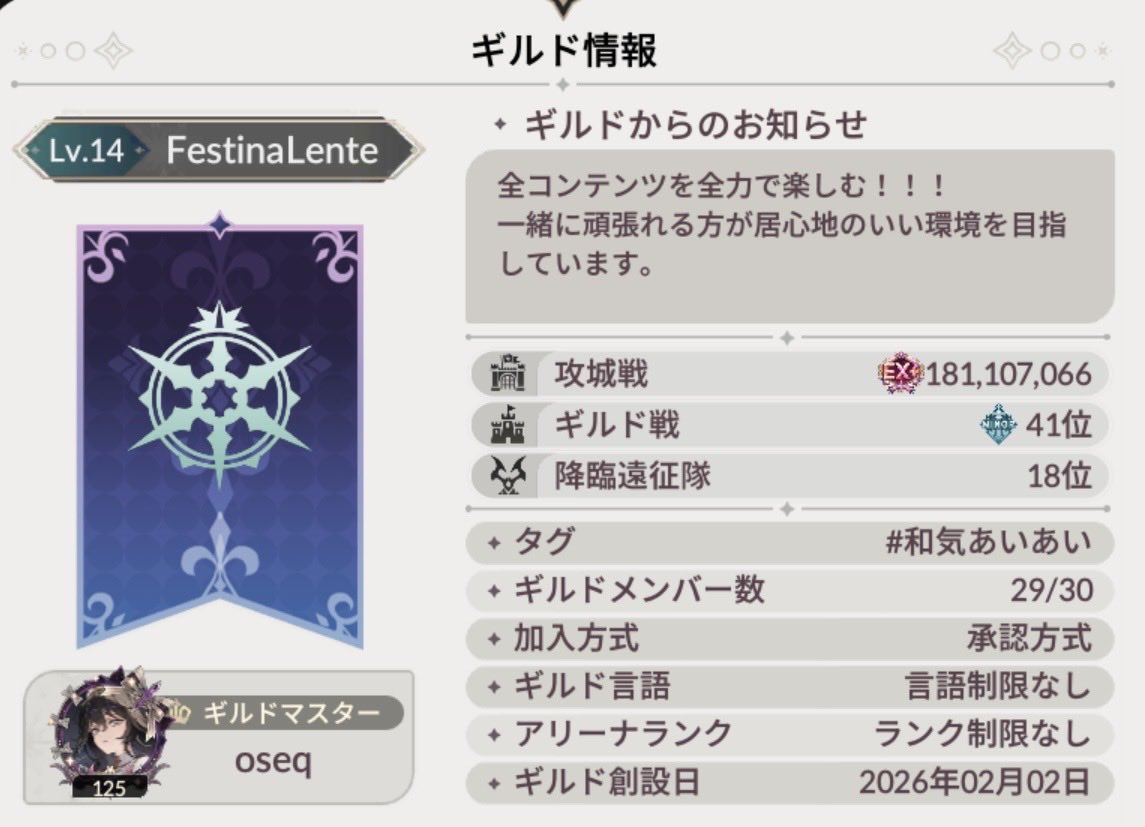 Fy_0202's tweet photo. 【メンバー募集：1名】
攻城戦：EX＋
降臨遠征：破壊の神8回
ギルド戦：41位

<希望>
ギルドコンテンツ参加
降臨遠征1500万〜

任意でDiscord有り。
厳しいノルマ等一切ありません。
一緒に楽しく遊べる方、是非ご連絡ください！
#セナリバ
#セブンナイツリバース https://t.co/GVZVVso3O4