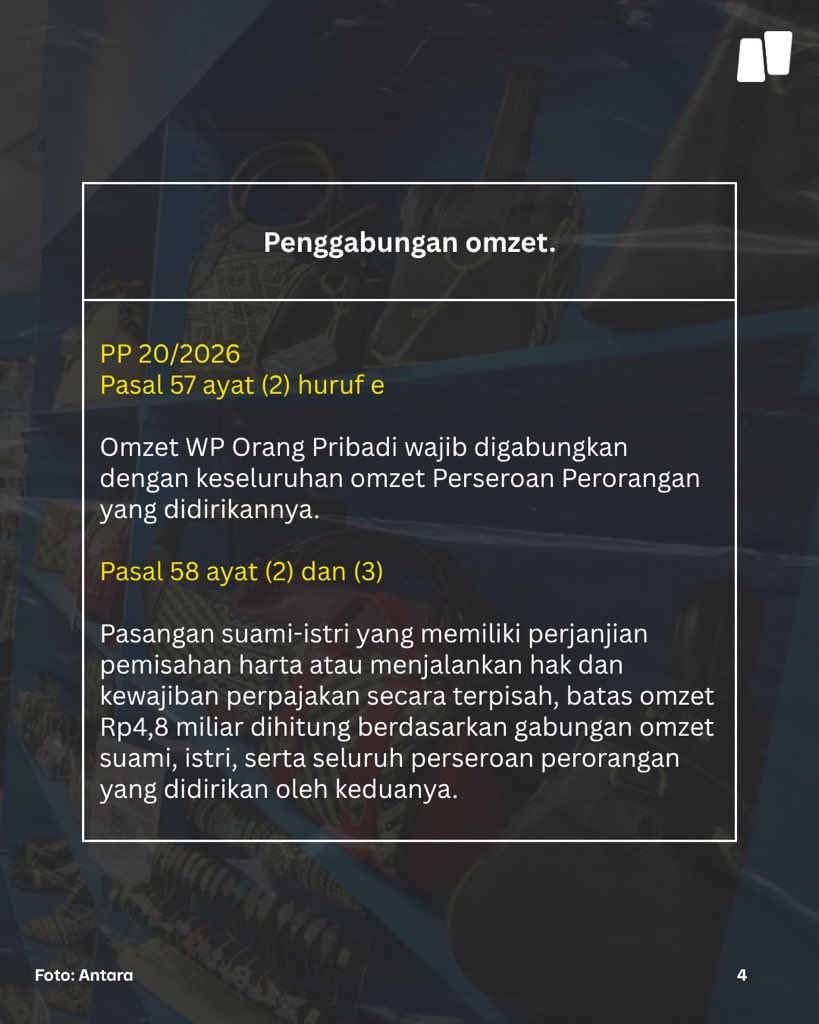 NarasiNewsroom's tweet photo. Pemerintah resmi merevisi ketentuan Pajak Penghasilan (PPh) Final sebesar 0,5 persen bagi pelaku usaha mikro, kecil, dan menengah (UMKM) melalui PP Nomor 20 Tahun 2026 tentang Penyesuaian Pengaturan di Bidang Pajak Penghasilan.

Apa saja poin-poin penting revisi aturan tersebut?

| Narasi Daily