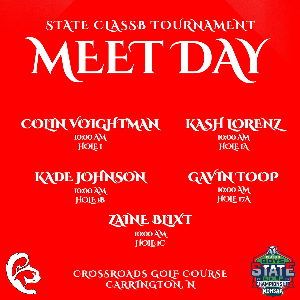 ccsquirrelmedia's tweet photo. State Class B Golf Tournament starts today! Five Squirrel golfers tee off at 10:00 a.m. #gosquirrels

Tournament info can be found here - https://t.co/8eawa2mc9g https://t.co/ebr3X96pnJ