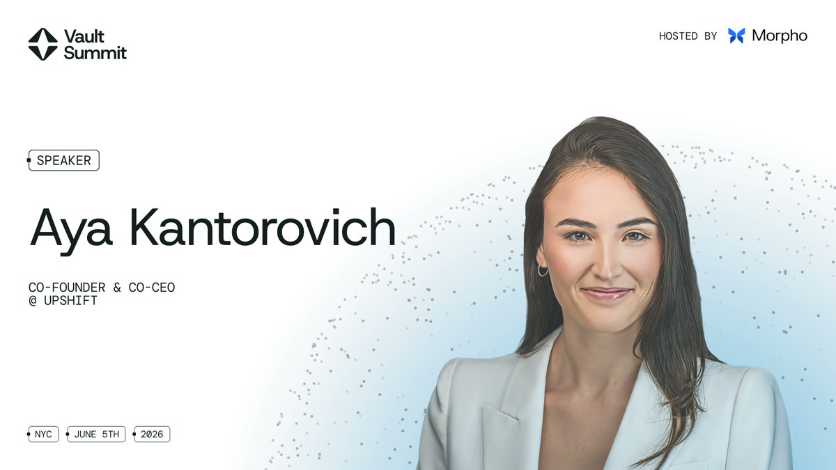 Vault__Summit's tweet photo. The operating system for institutional onchain asset management. Upshift enables teams to design, build, and integrate vaults across DeFi and CeFi yield strategies.

@aya_kantor, Co-Founder and Co-CEO at @upshift_fi, will take the stage at Vault Summit NYC to discuss how vaults unlock institutional financial products onchain

June 5, New York · https://t.co/63QCcmrSth