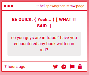 hellspawn_green's tweet photo. { Now that you mention it, I've seen two... But they were incredibly hard to read!! Σ(°ロ°) }
< PARENT WRITES IN WAYS IMPOSSIBLE FOR THE MORTAL MIND. > https://t.co/NyVV9JRLYy
