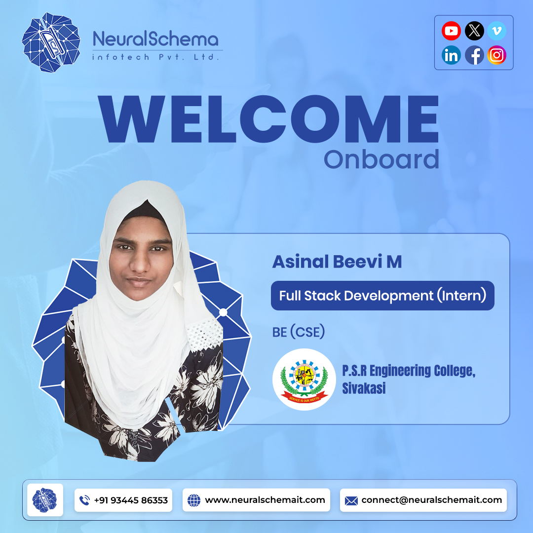 NeuralSchema1's tweet photo. A warm welcome to our new interns joining Neural Schema Infotech! 🎉

From classrooms to real-world projects—your journey starts here. We're excited to see the ideas, energy, and innovation you'll bring to the team. 🚀

Let's build, learn, and grow together.

#NeuralSchema https://t.co/0n2vRgHI3i
