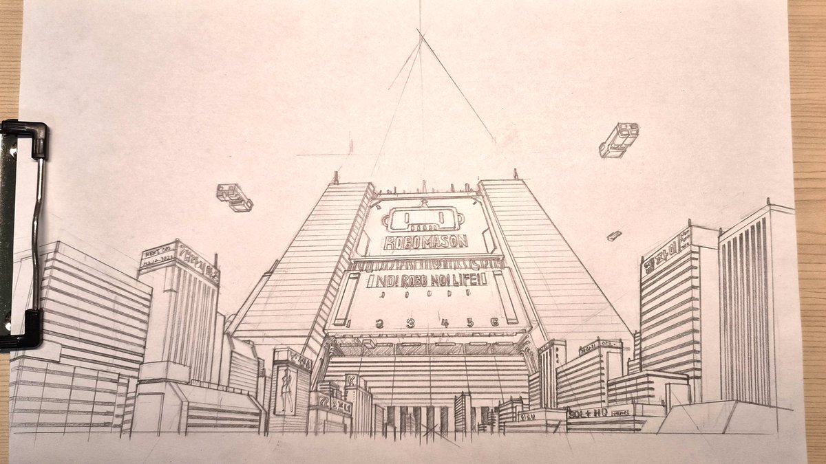 GarageArts_Max's tweet photo. The company 'Robomason' in the game is a massive corporation, so I changed the concept accordingly and did a pencil drawing. 
Doesn't it feel like a building from a super robot anime?

🔥NEVER GIVE UP! NEVER SURRENDER!🔥
#indiedev #mecha https://t.co/TloUtVq3dM