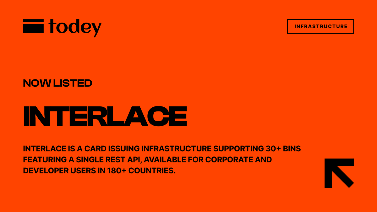 JoinTODEY's tweet photo. ● INTERLACE IS NOW LISTED ON TODEY

Global payment and card infrastructure connecting stablecoins, banking rails, and spending

◾ Stablecoin-powered payment and treasury infrastructure  
◾ Card issuing and embedded spending capabilities  
◾ Global payouts and collections across fiat and digital assets  
◾ Virtual accounts and multi-currency money movement  
◾ APIs for wallets, fintechs, and payment platforms  
◾ Built-in compliance and operational infrastructure  

@InterlaceMoney is the orchestration layer helping businesses move between stablecoins, banking rails, and real-world payments.

Explore the stack → https://t.co/6nsFOSEp4h