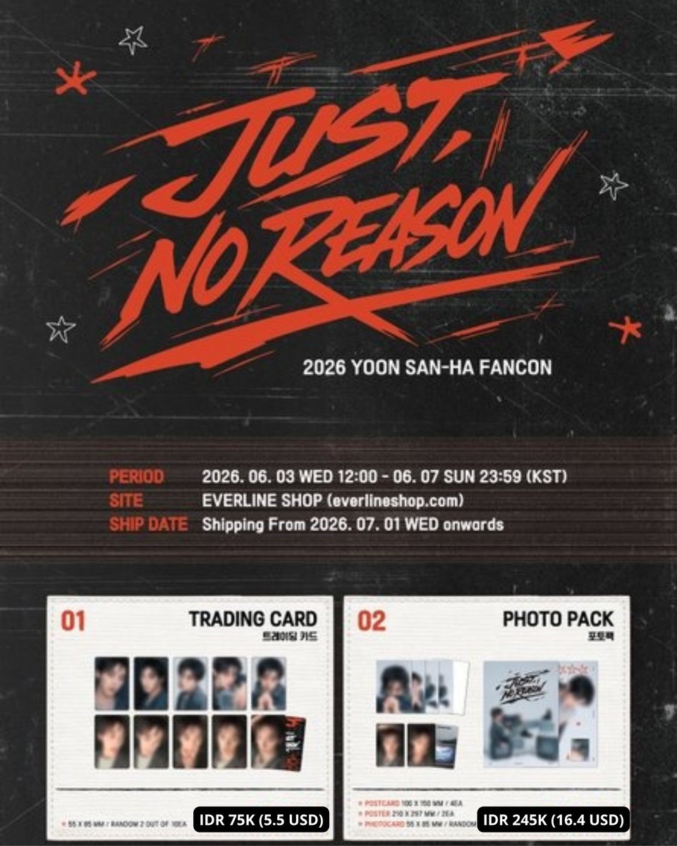 Fanmustore's tweet photo. [WTS | INA/WW GO]
2026 YOON SANHA FANCON [JUST, NO REASON] OFFICIAL MD

📅 07 Jun 2026, 16 WIB

💰on the picture

✅ Bersih Kr
❌ Ems Tax

Link Form : https://t.co/B8SmLlh8tX https://t.co/6MF7EKaubx