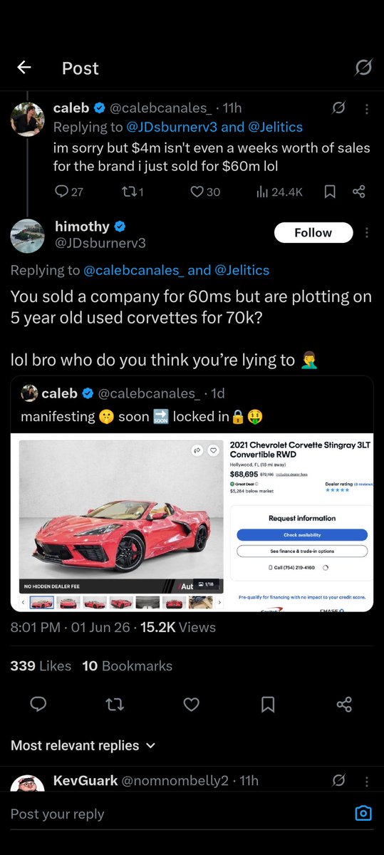 jejschultz's tweet photo. When someone claims a $60m bag with no backed up facts this naturally causes people to research.

And Himothy...was reading the "Caleb Cookbook" and he was ready.

Himothy pulled out a Caleb recipe for 1 Corvette. Not a brand new. Used from some Grandfather in Florida. 😱 https://t.co/henZgSph8F
