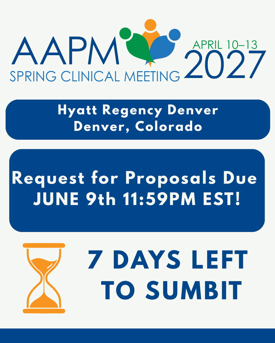 aapmHQ's tweet photo. 7 days left to submit your proposal!

We’re seeking engaging, innovative proposals across four tracks:
- Therapy
- Diagnostic
-Mammography
-Professional

Submit your proposal today :https://t.co/qAb0cBy1Zu https://t.co/rGEDEAQxhL
