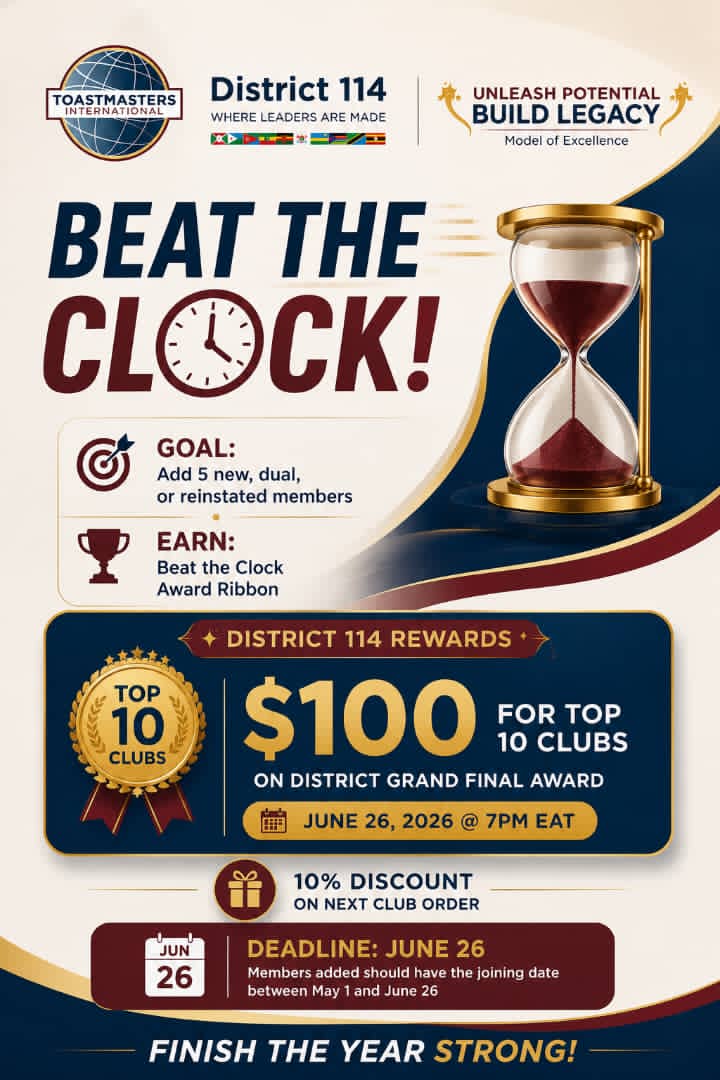 ToastmastersEA's tweet photo. 🔥*It’s TIME TO FINISH THE YEAR STRONG!*

⏰*BEAT THE CLOCK Campaign is HERE!*🔥

⏳*Add 5 new, dual, or reinstated members by June 26* and earn recognition—plus exciting *District 114 rewards*, including 💵 *$100 for the Top 10 Clubs* and a 🎁 *10% discount on your next order!* https://t.co/FpnQphoqod