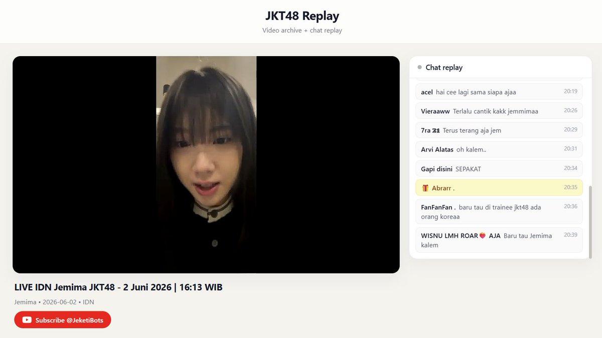 da_n_dy's tweet photo. [JKT48 Replay]

Karena kemarin ngasih overlay komen di vidio berat CPU &amp; RAM, akhirnya mikir cara lain...

✨Website✨

Vidio tetep embed dari YT, bedanya ada history chatnya.

Komenmu di Live member, TERCATAT wots!
Komenmu diwaro? ada dokumentasinya 😇 https://t.co/0cK6fBZQKE