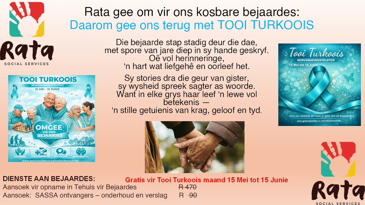 SocialRata's tweet photo. https://t.co/YNVVJT8Zha 

Rata Social Services NPC supports TOOI TURQUOISE.

Until 15 June 2026 Rata provides the following services free of charge:
Application for admission to Home for the Elderly R 470
Application: SASSA recipients – interview and report R 90

Contact or visit https://t.co/kL1xDxA0Qz