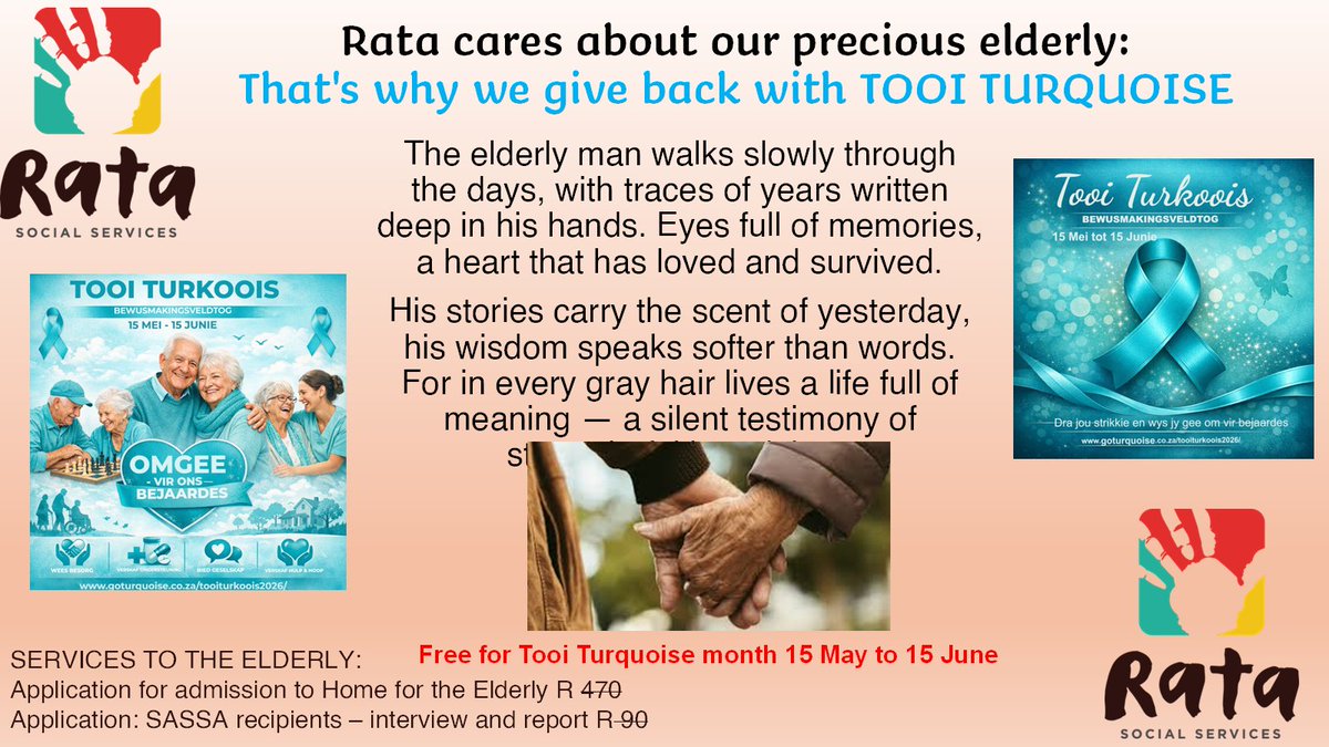 SocialRata's tweet photo. https://t.co/YNVVJT8Zha 

Rata Social Services NPC supports TOOI TURQUOISE.

Until 15 June 2026 Rata provides the following services free of charge:
Application for admission to Home for the Elderly R 470
Application: SASSA recipients – interview and report R 90

Contact or visit https://t.co/kL1xDxA0Qz