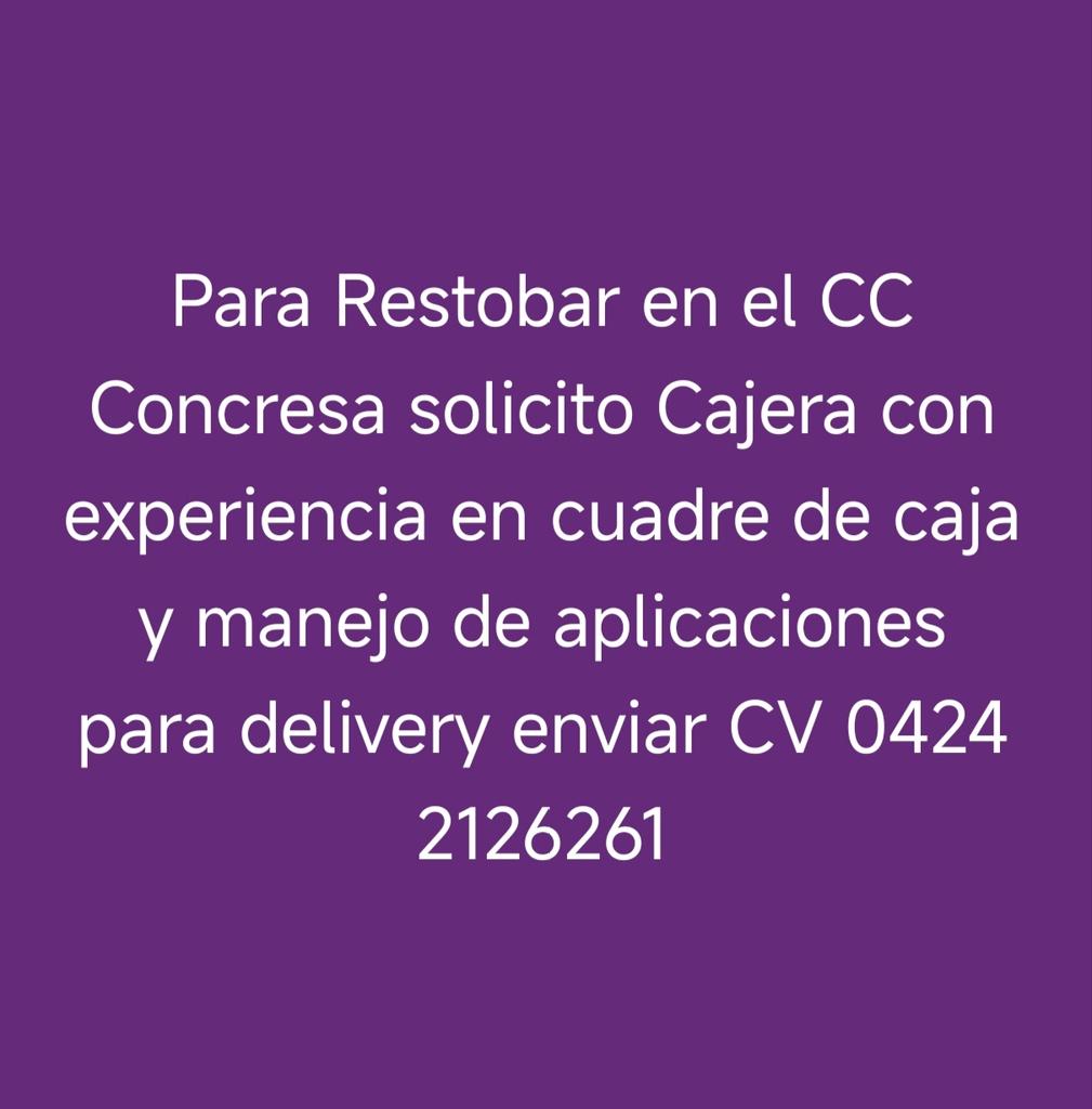 ZaConCa's tweet photo. Restobar ubicado en el CC Concresa solicita el siguiente personal: Cajeras y Meseras con experiencia en atención al cliente, manejo de caja y distintas formas de pago, manejo de aplicaciones para delivery enviar CV 04242126261 https://t.co/upZ9titS4s