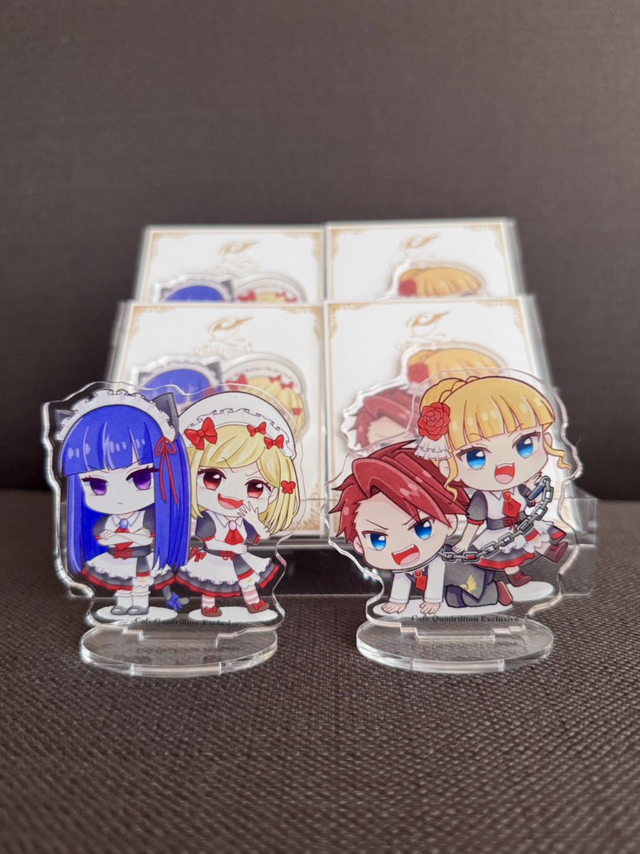 remotaro's tweet photo. 使用人お絵かき班のアクスタ、第一弾が出揃いました✨　三人の使用人それぞれでベアト様＆戦人様、そしていろいろなペアのアクスタを制作してまいります☺️ お巡り合わせの際にはぜひお手に取っていただけたらと！　何卒よろしくお願いいたします〜！！
#喫茶九羽鳥庵 
#CafeQuadrillion https://t.co/E78pet6JQu