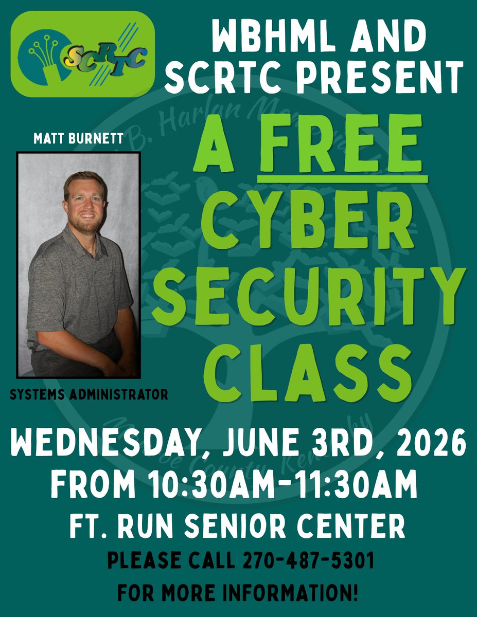scrtc's tweet photo. Our next free cybersecurity class in partnership with William B. Harlan Memorial Library is tomorrow, June 3rd, beginning at 10:30 A.M. We hope to see you at the Ft. Run Senior Center! https://t.co/nyX0U2EKTO