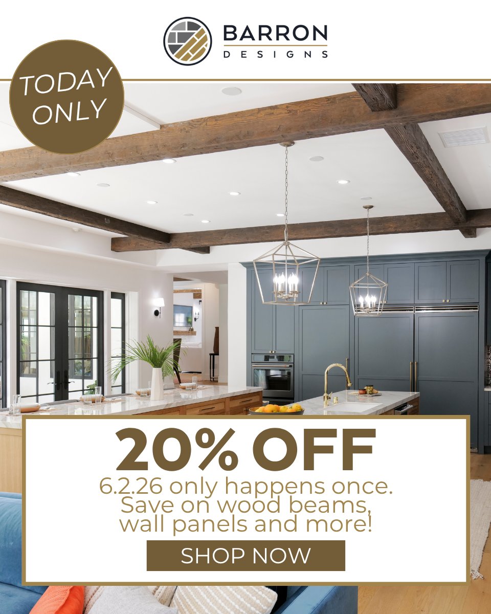 barron_designs's tweet photo. 6.2.26. Forwards. Backwards. Same either way.

Unlike this deal, which only goes one direction: gone by midnight. 20% off everything we make today only. Faux wood beams, real wood beams, fireplace mantels, and more!

Use code JUNE26 at checkout. https://t.co/asPXb0LHWm https://t.co/Y0Z2cXU2m2