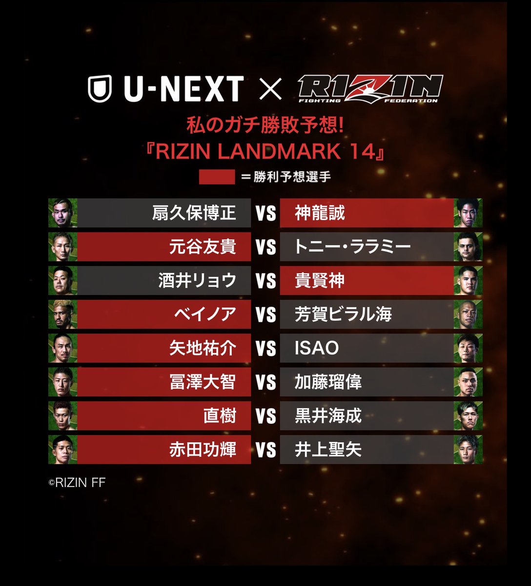 P6Zgf's tweet photo. 『RIZIN LANDMARK 14』
私のガチ勝敗予想はコレだ！

#私のRIZINガチ予想  #RIZIN観るならUNEXT https://t.co/XePDYy6vQB https://t.co/v22QfaQryj