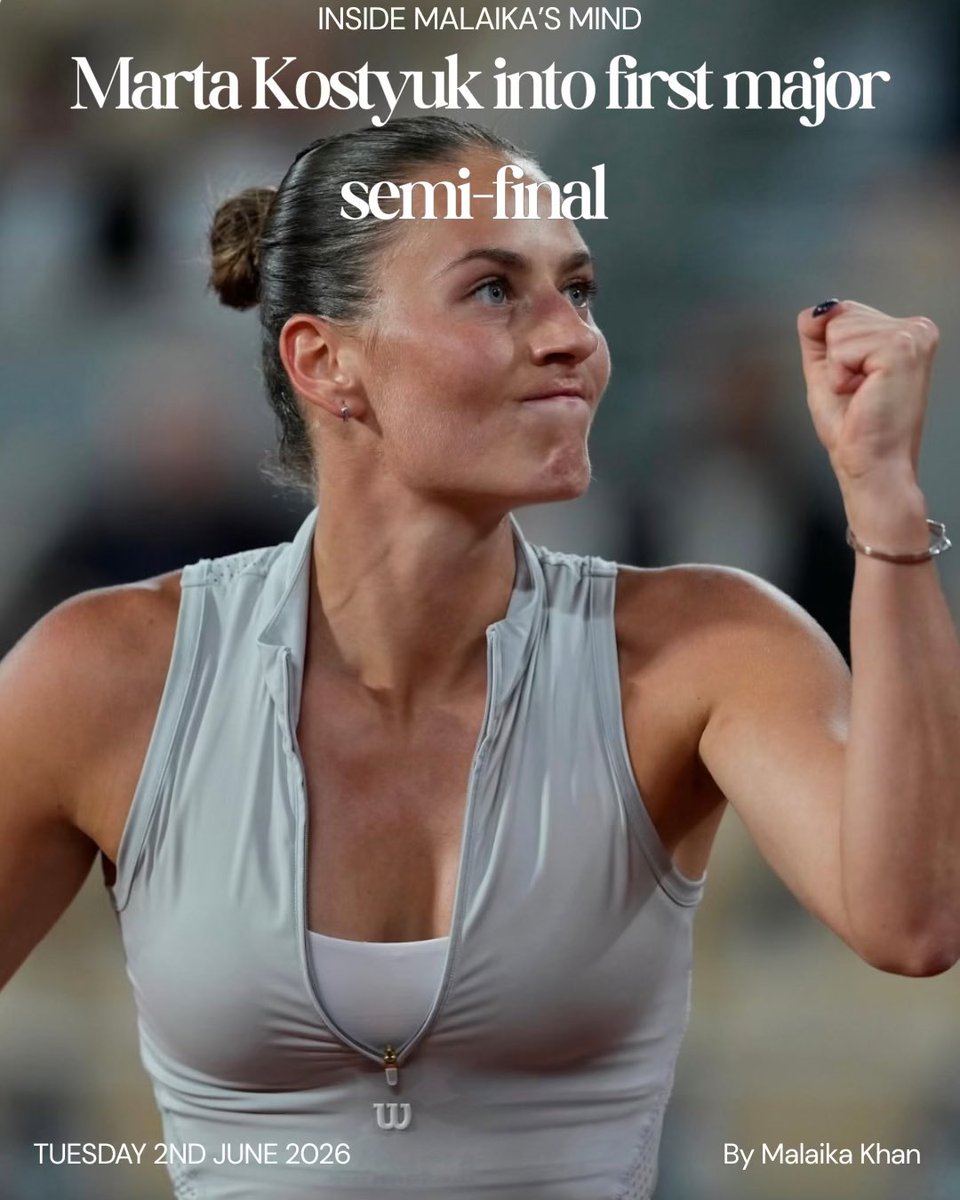 malaikasmind's tweet photo. Marta Kostyuk produced the biggest victory of her career to reach her first Grand Slam semi-final at Roland Garros, defeating fellow Ukrainian Elina Svitolina 6-2, 2-6, 6-2 in a historic quarter-final clash. #RolandGarros #Tennis #MartaKostyuk 

https://t.co/2JDHaCyBil https://t.co/7NrHrncIRi