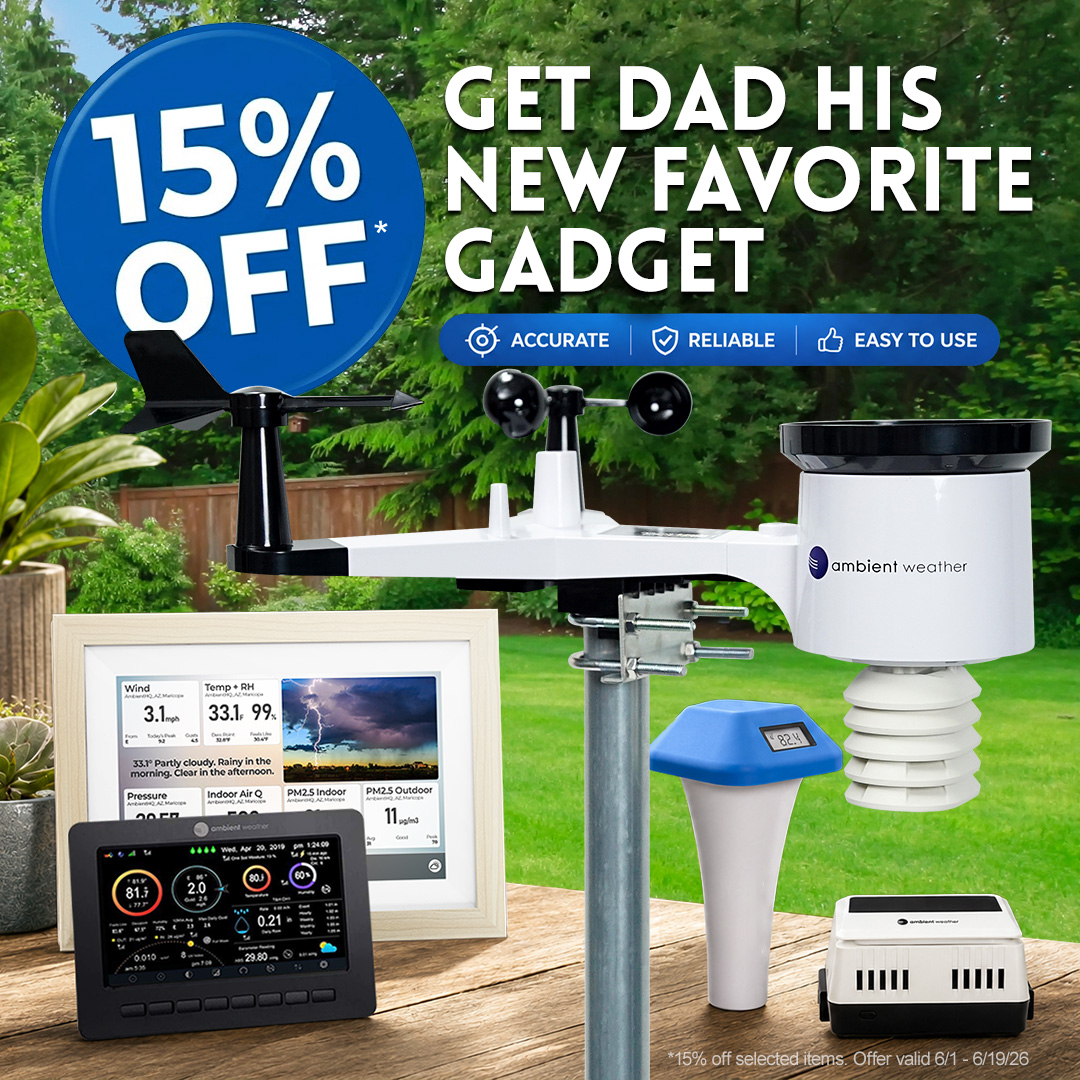 ambientweather's tweet photo. Save 15% on select Ambient Weather products and give Dad his new favorite gadget. From tracking backyard weather to monitoring conditions in real time, it's a gift he'll enjoy year-round.

Offer ends June 21.

https://t.co/2txHo6G2B3 https://t.co/e7jK97eQxj